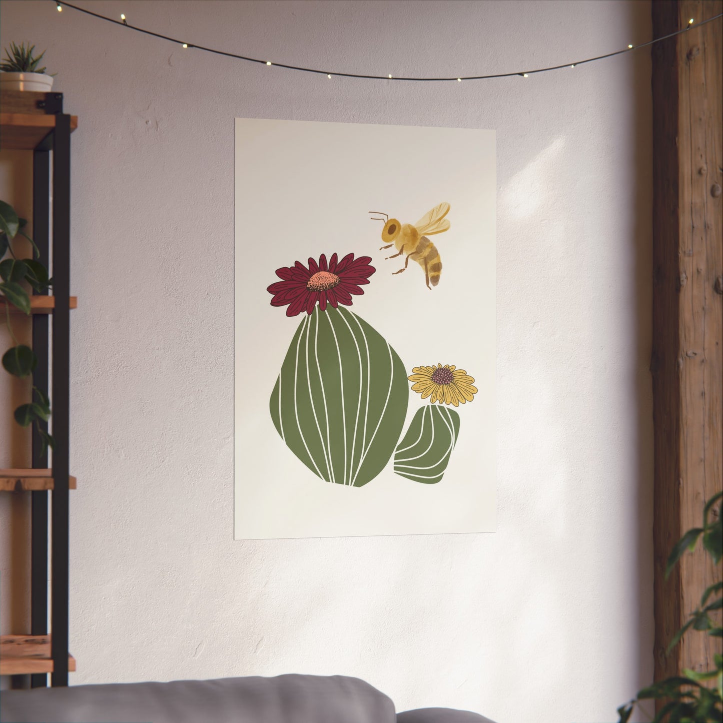 Cactus Flower and Bee Art Print (frame not included)