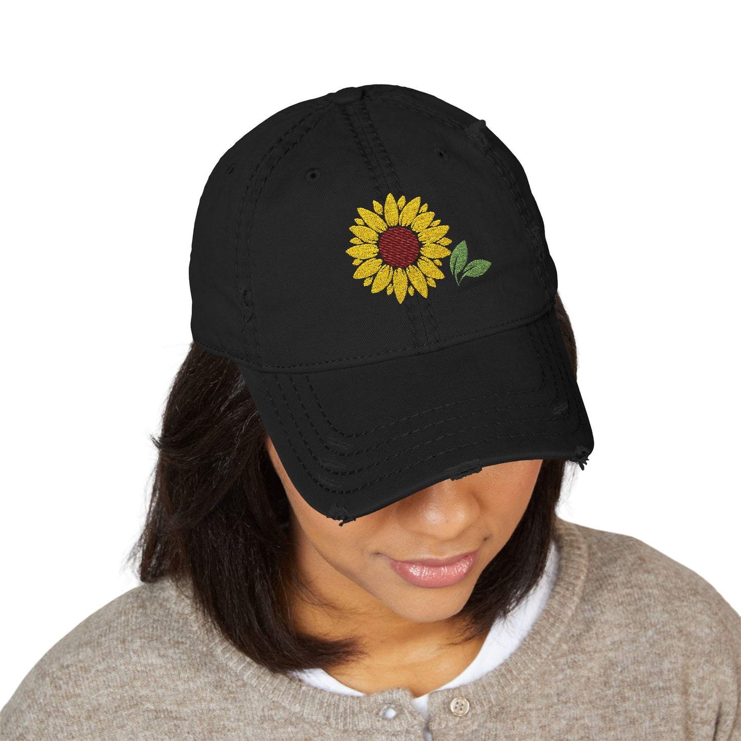 Distressed Sunflower Hat, Embroidered Cap for Garden Lovers, Casual Style, Gift for Her, Perfect for Summer Outings