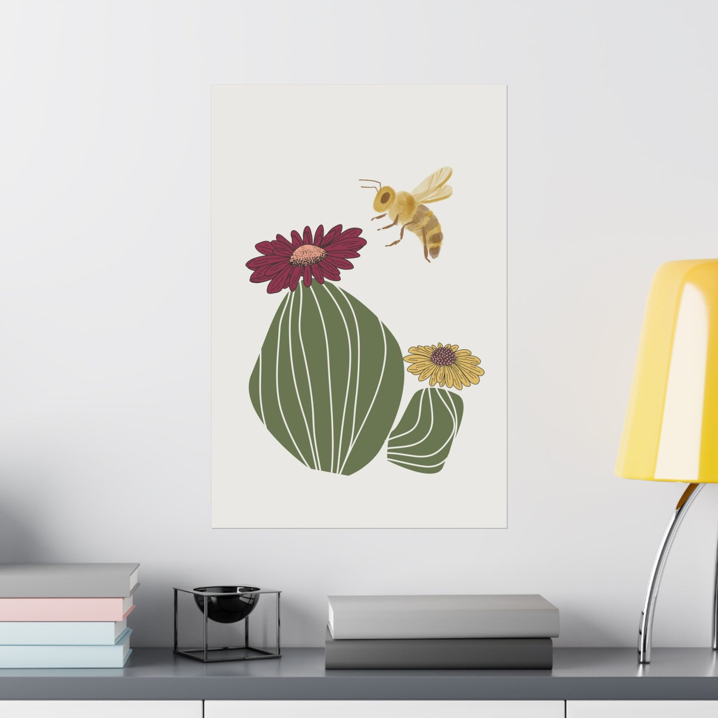 Cactus Flower and Bee Art Print (frame not included)