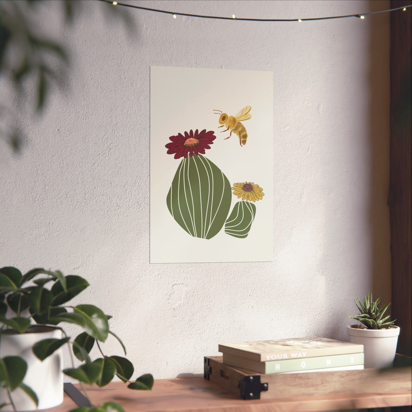 Cactus Flower and Bee Art Print (frame not included)