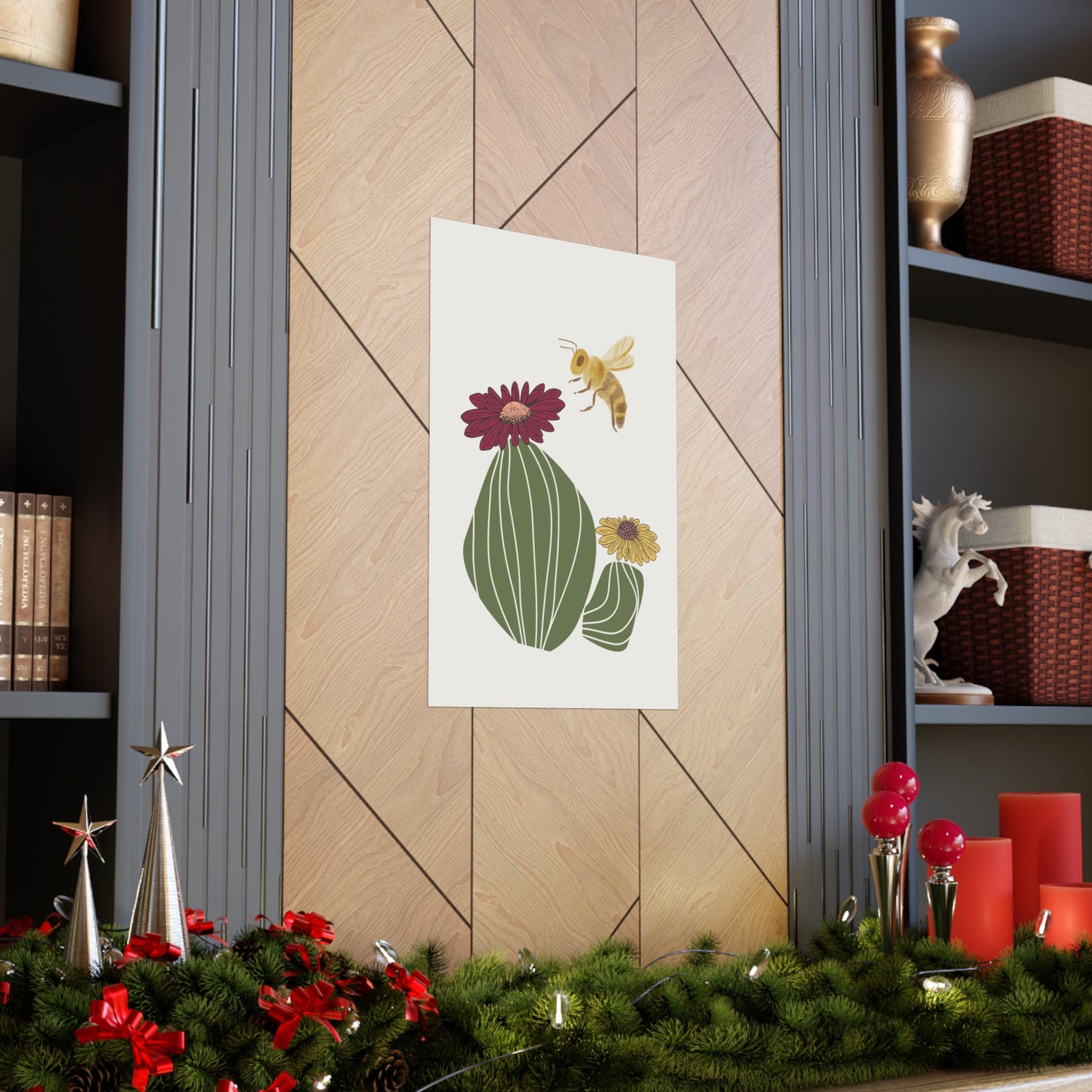 Cactus Flower and Bee Art Print (frame not included)