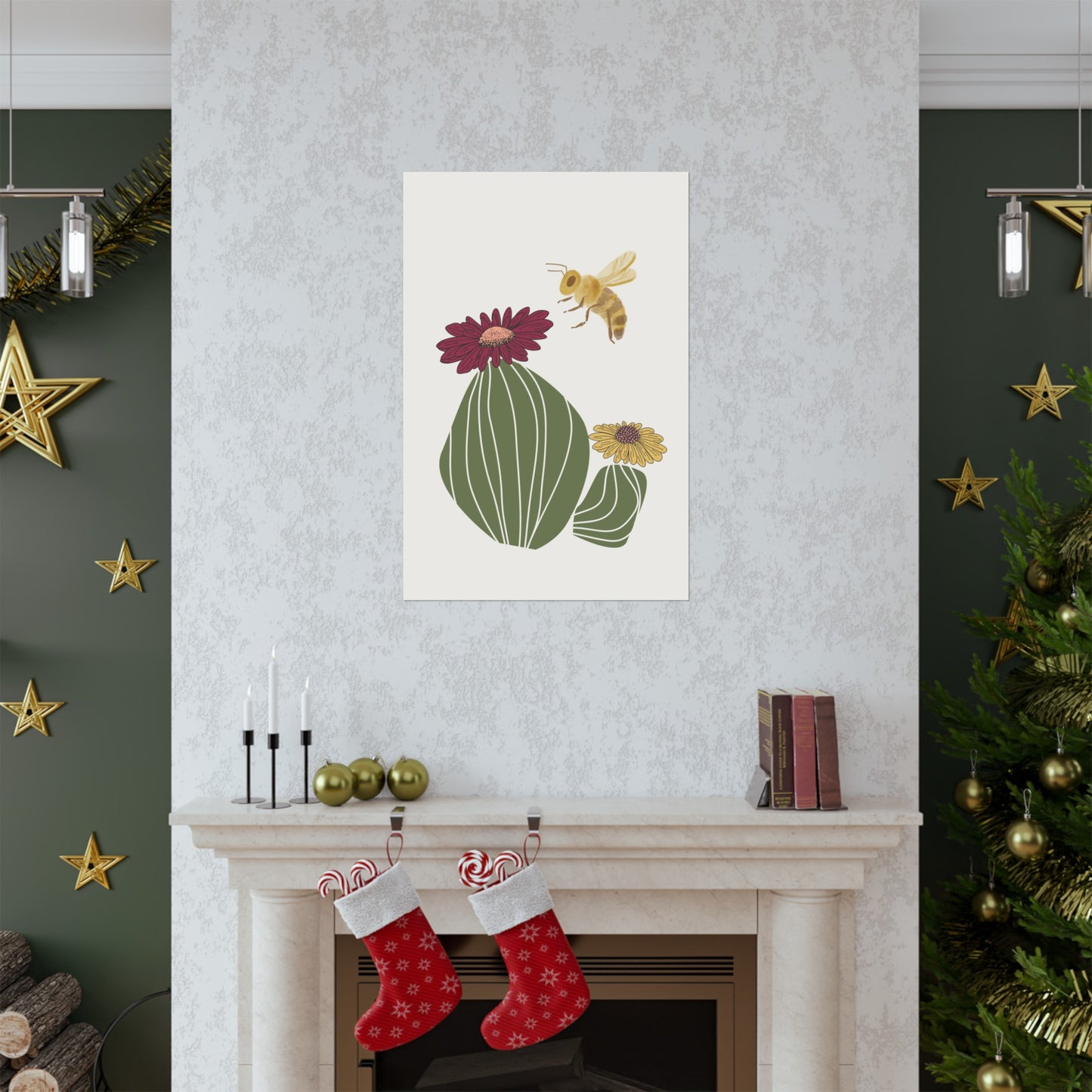 Cactus Flower and Bee Art Print (frame not included)