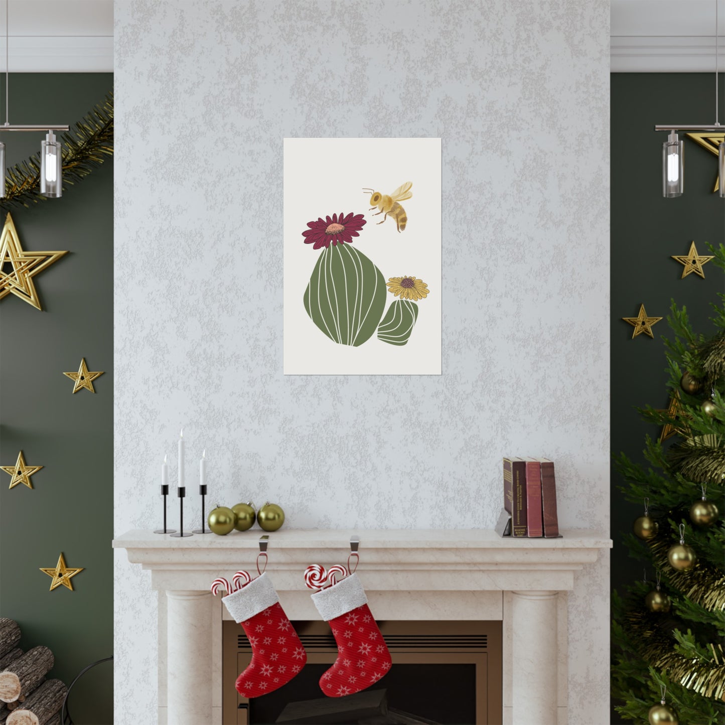 Cactus Flower and Bee Art Print (frame not included)