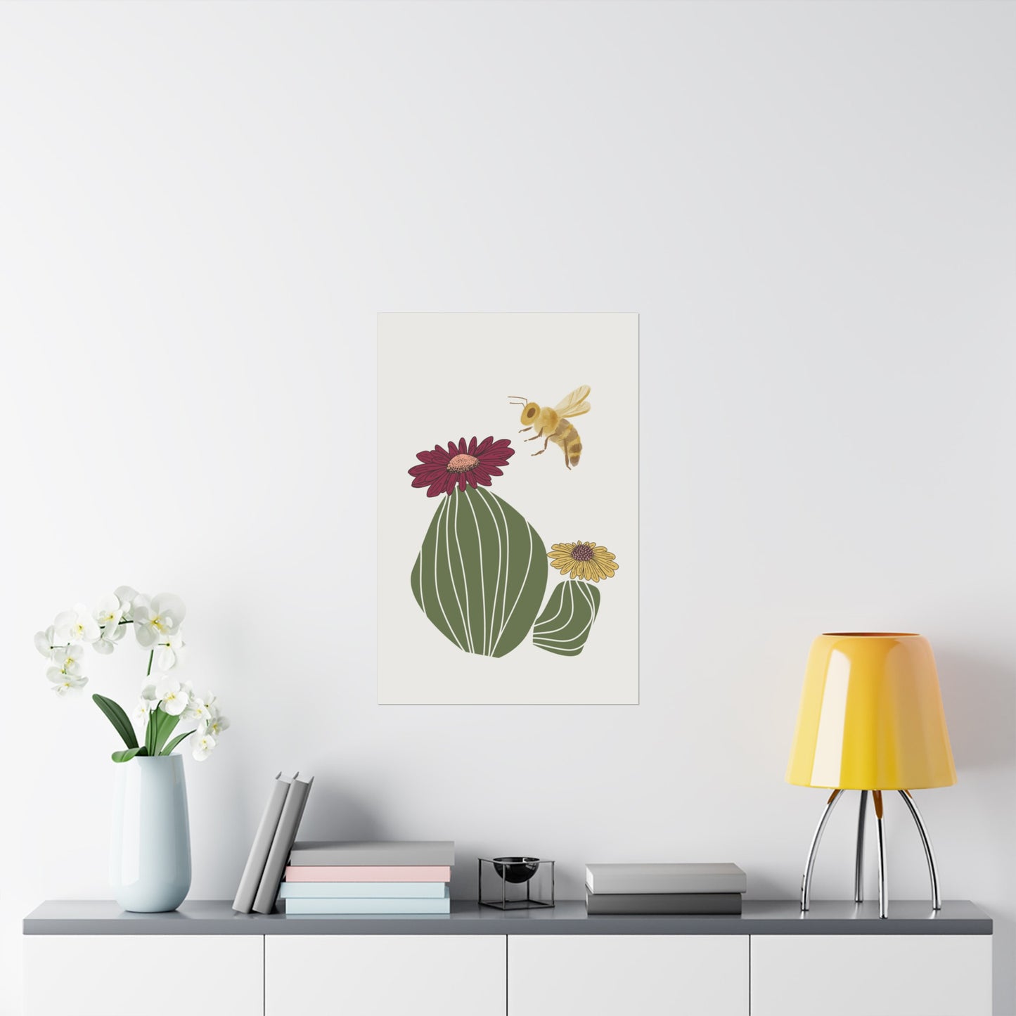 Cactus Flower and Bee Art Print (frame not included)