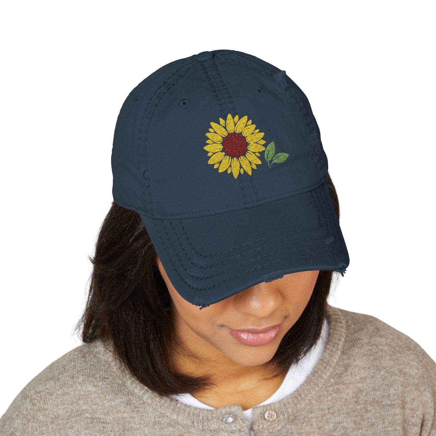 Distressed Sunflower Hat, Embroidered Cap for Garden Lovers, Casual Style, Gift for Her, Perfect for Summer Outings