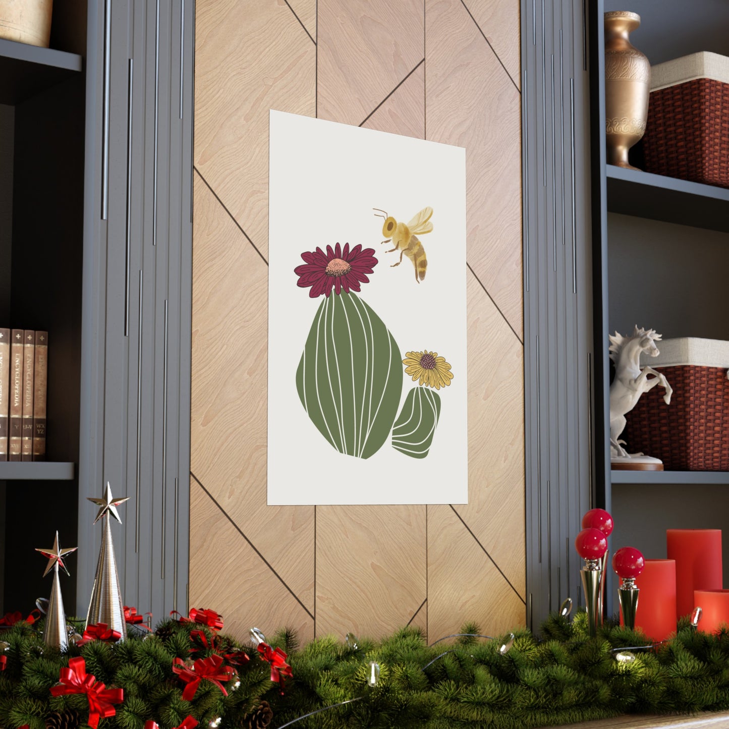 Cactus Flower and Bee Art Print (frame not included)