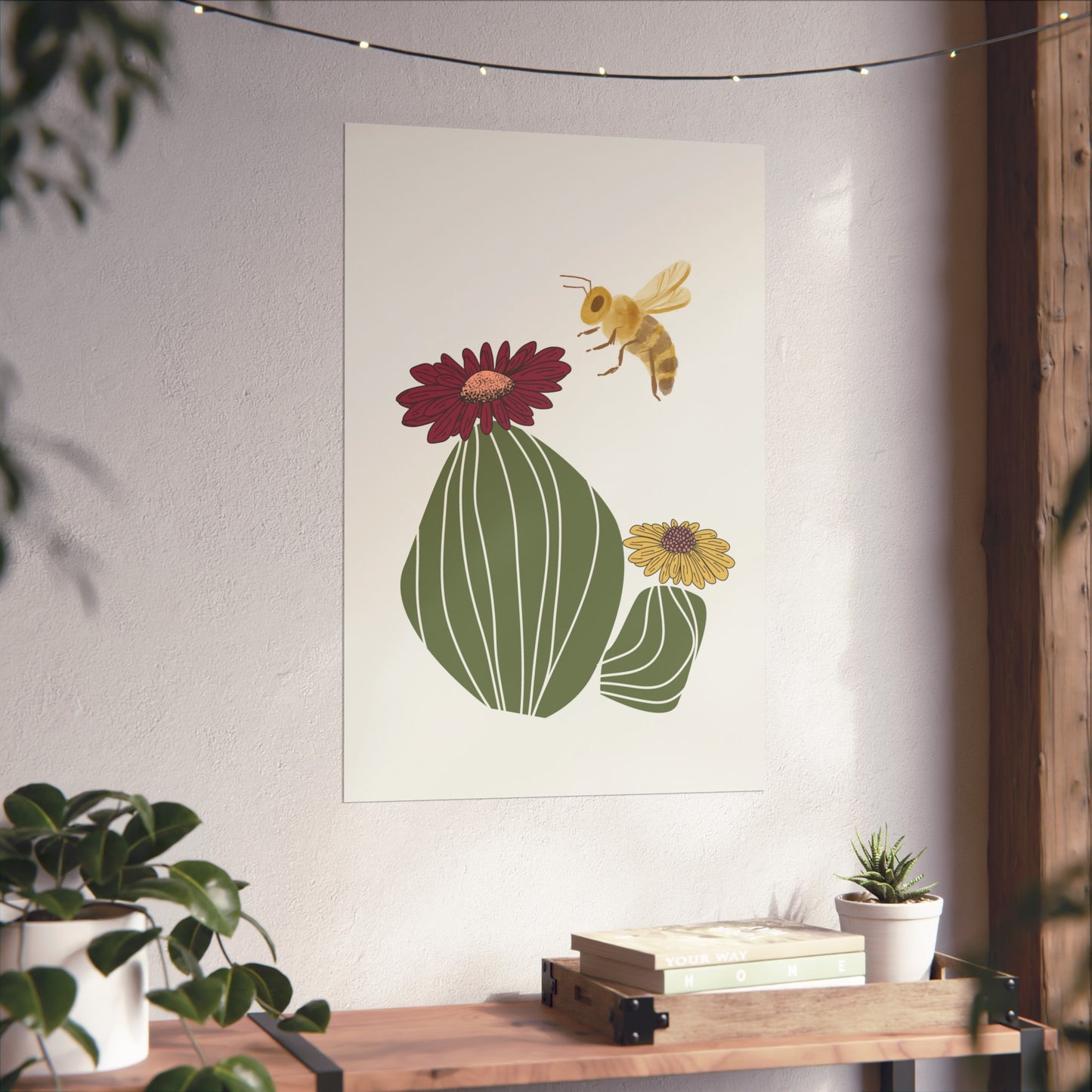 Cactus Flower and Bee Art Print (frame not included)