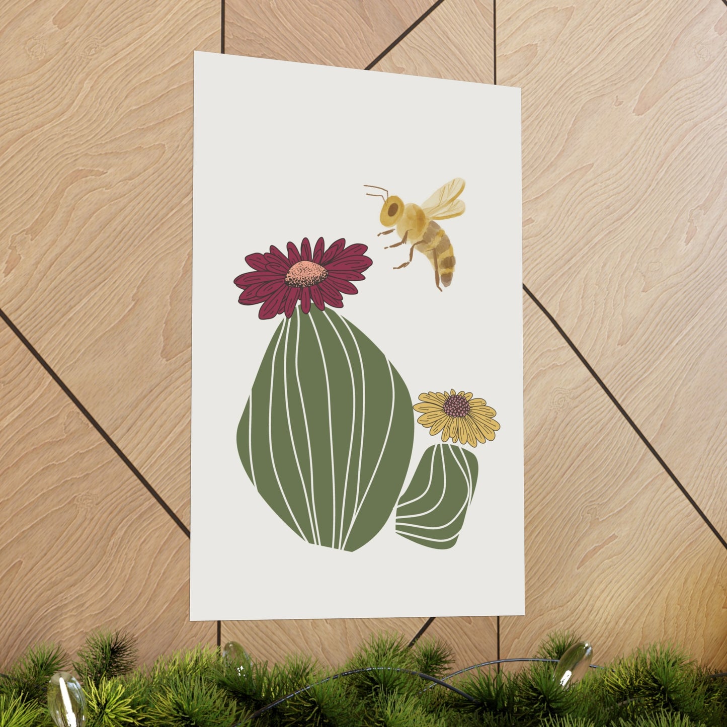 Cactus Flower and Bee Art Print (frame not included)