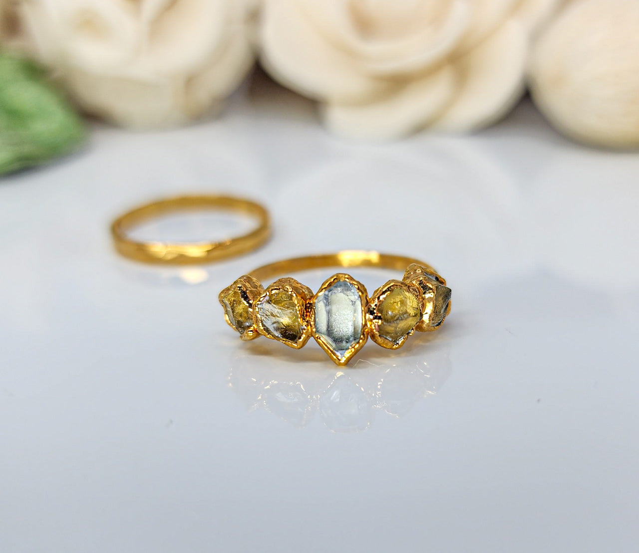 Raw Citrine & Herkimer Diamond Ring