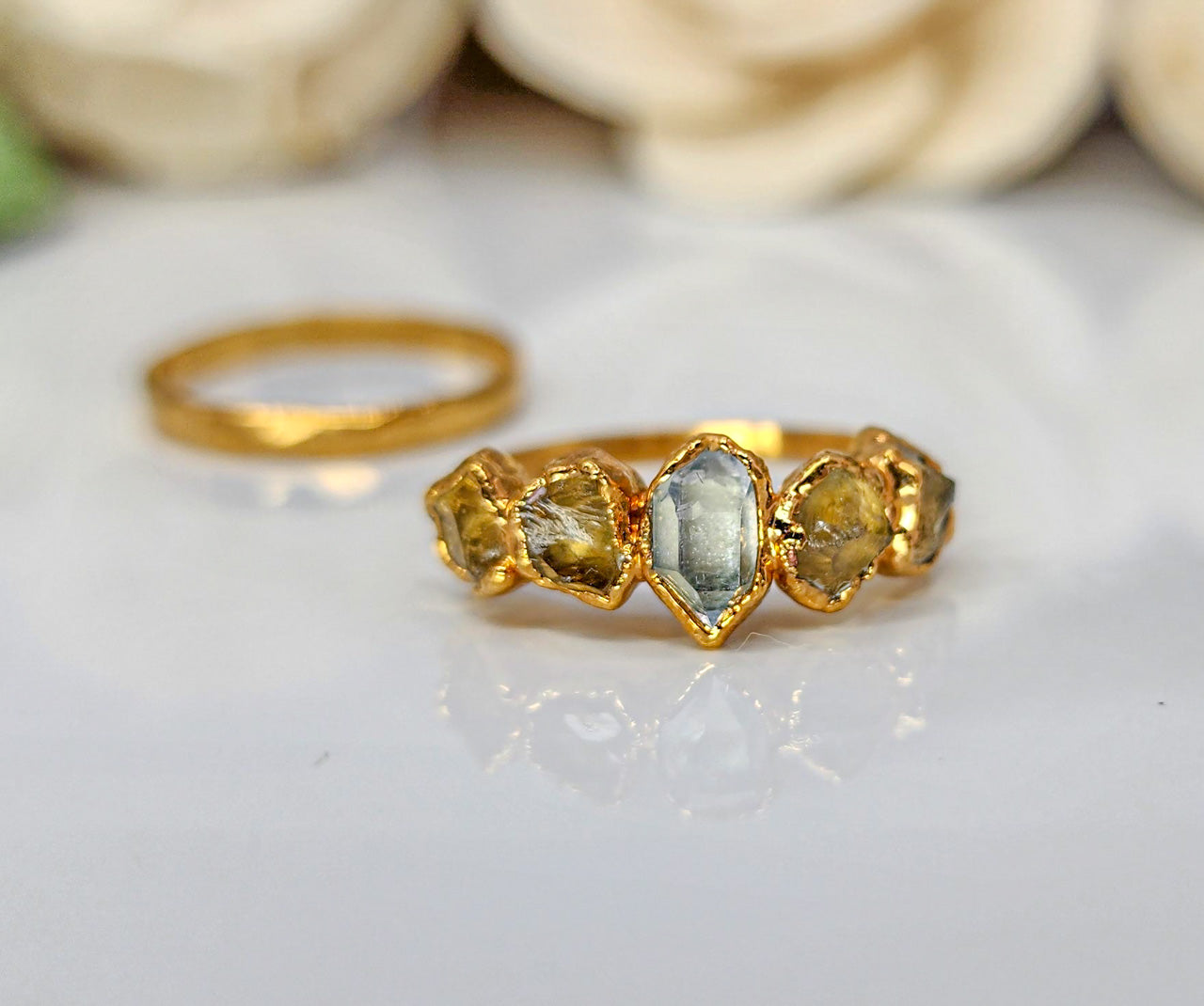 Raw Citrine & Herkimer Diamond Ring