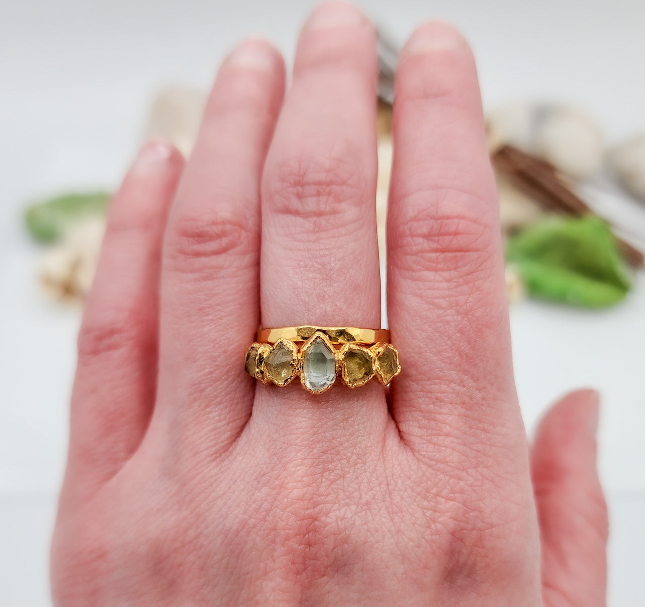 Raw Citrine & Herkimer Diamond Ring