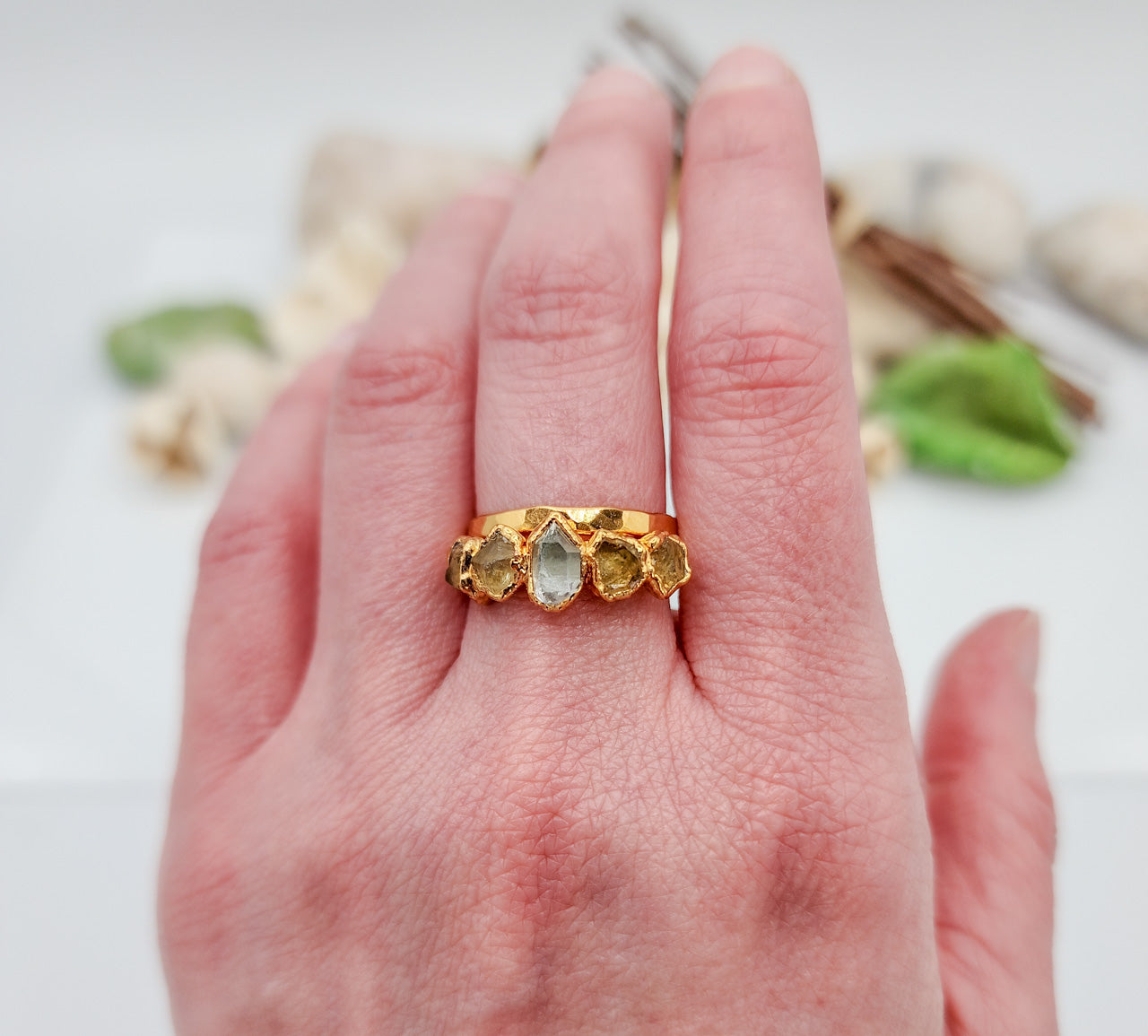 Raw Citrine & Herkimer Diamond Ring