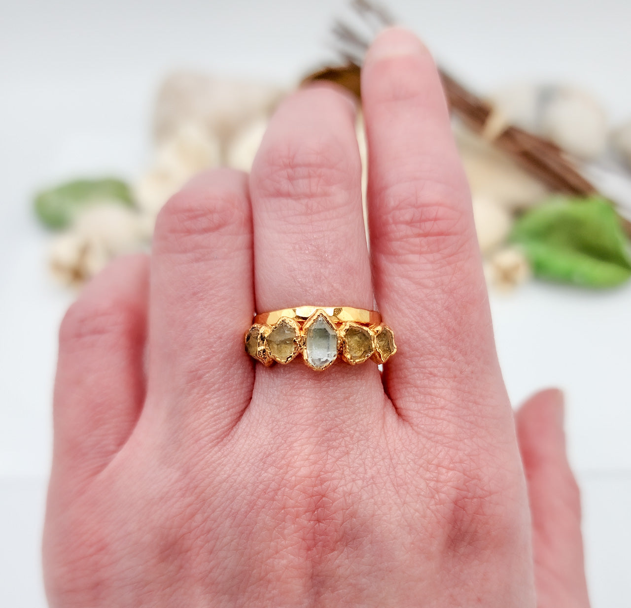 Raw Citrine & Herkimer Diamond Ring