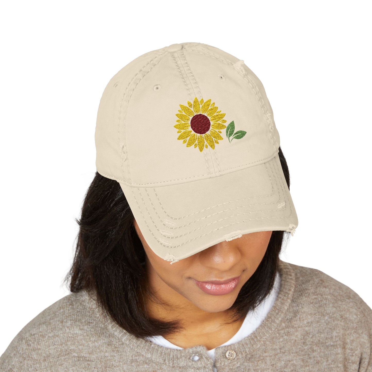 Distressed Sunflower Hat, Embroidered Cap for Garden Lovers, Casual Style, Gift for Her, Perfect for Summer Outings
