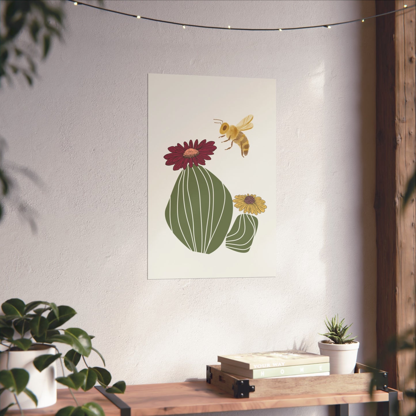 Cactus Flower and Bee Art Print (frame not included)