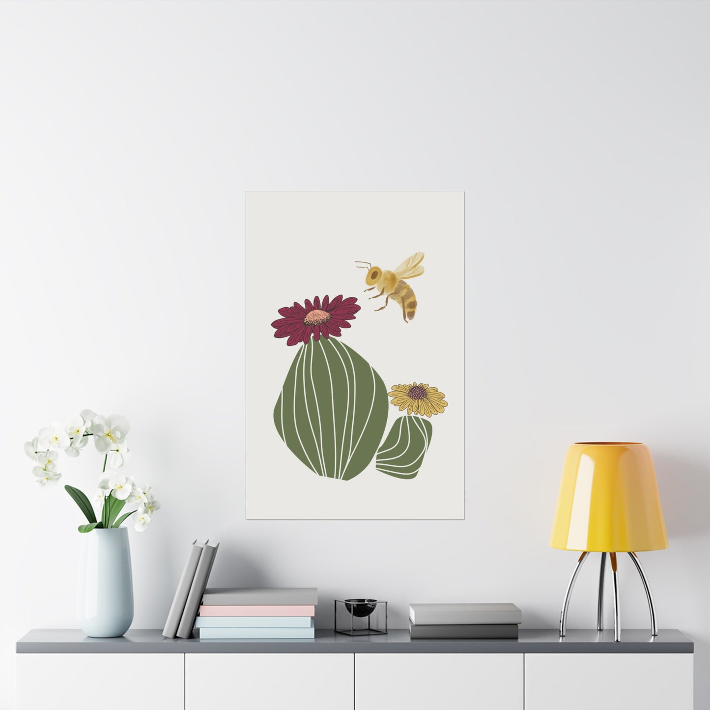 Cactus Flower and Bee Art Print (frame not included)