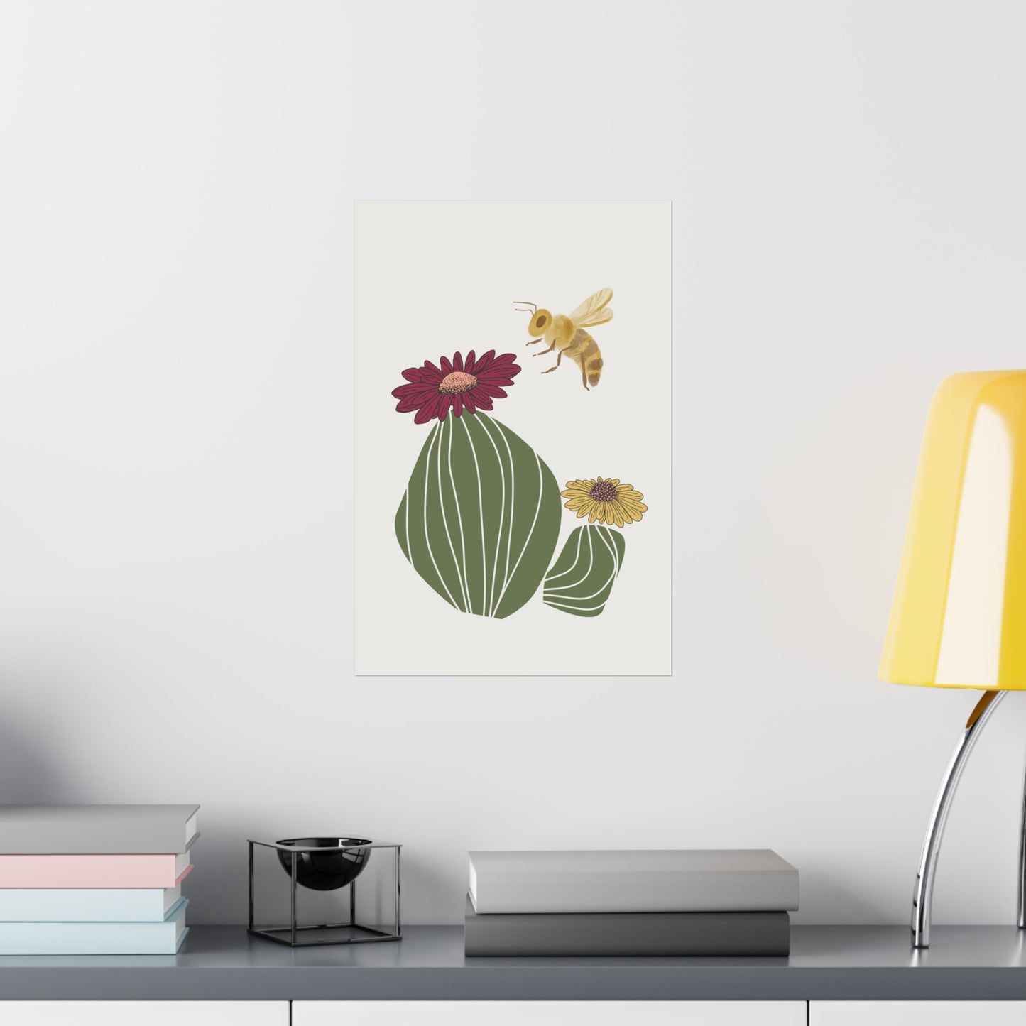 Cactus Flower and Bee Art Print (frame not included)