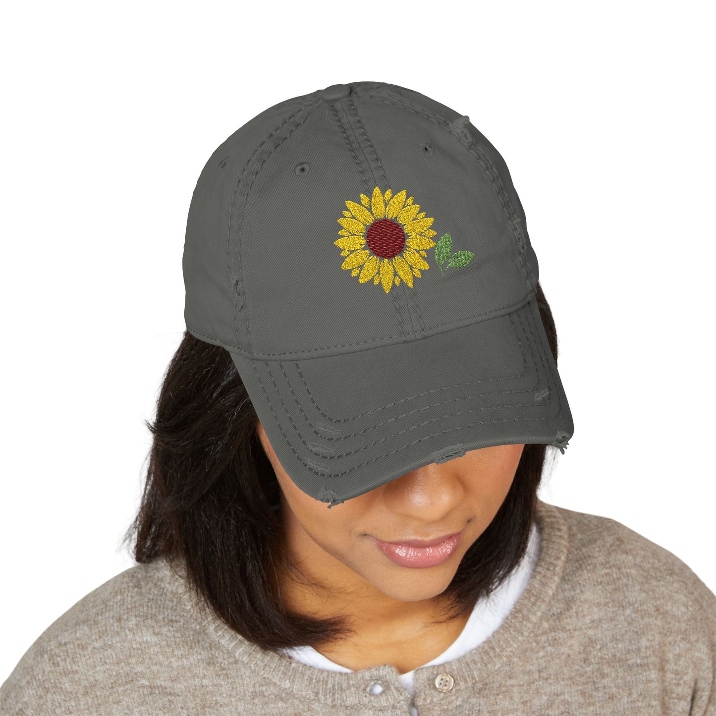 Distressed Sunflower Hat, Embroidered Cap for Garden Lovers, Casual Style, Gift for Her, Perfect for Summer Outings