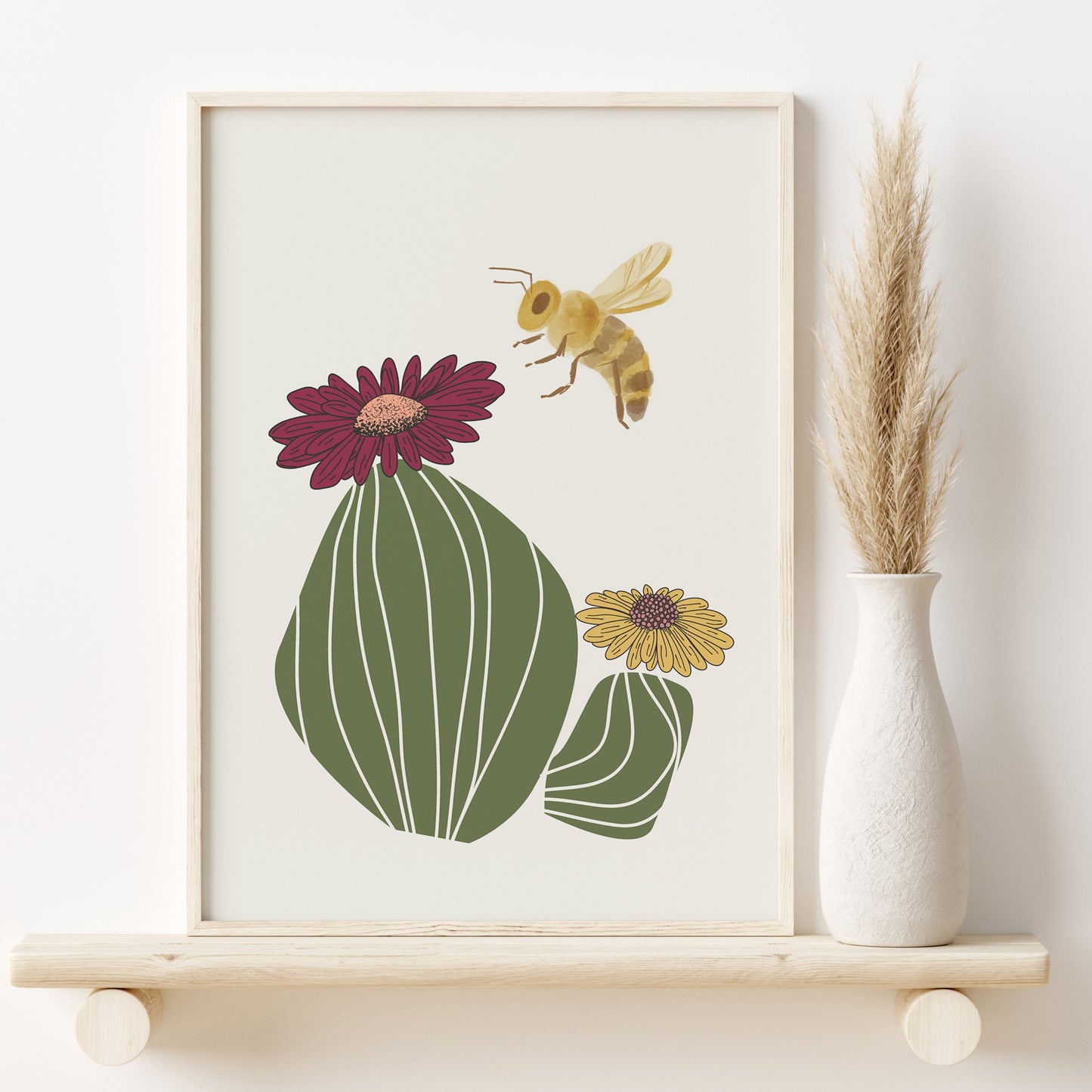 Cactus Flower and Bee Art Print (frame not included)