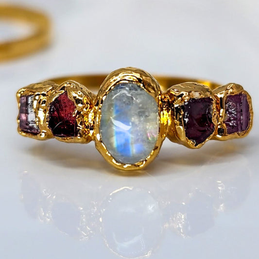 Moonstone, Garnet, and Tourmaline Wedding Ring