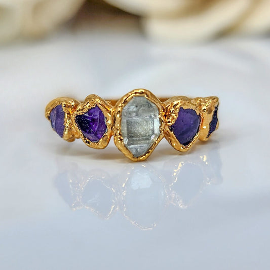 Raw Amethyst & Herkimer Diamond Ring