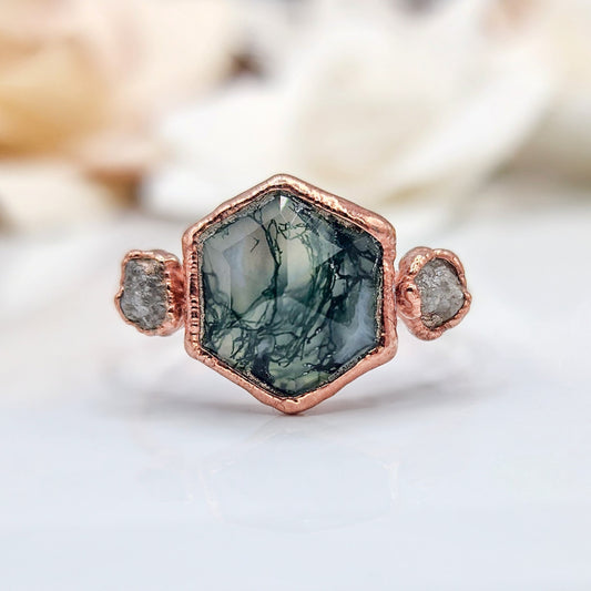 Moss Agate and Raw Diamond Ring