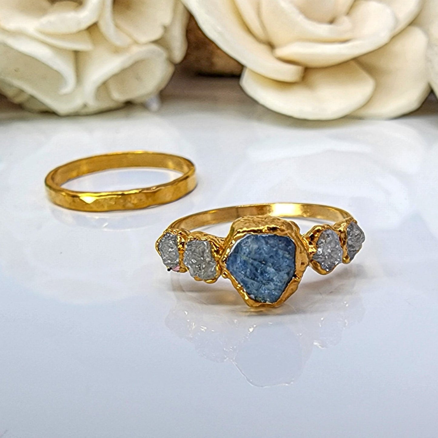 Raw Sapphire and Diamond Ring