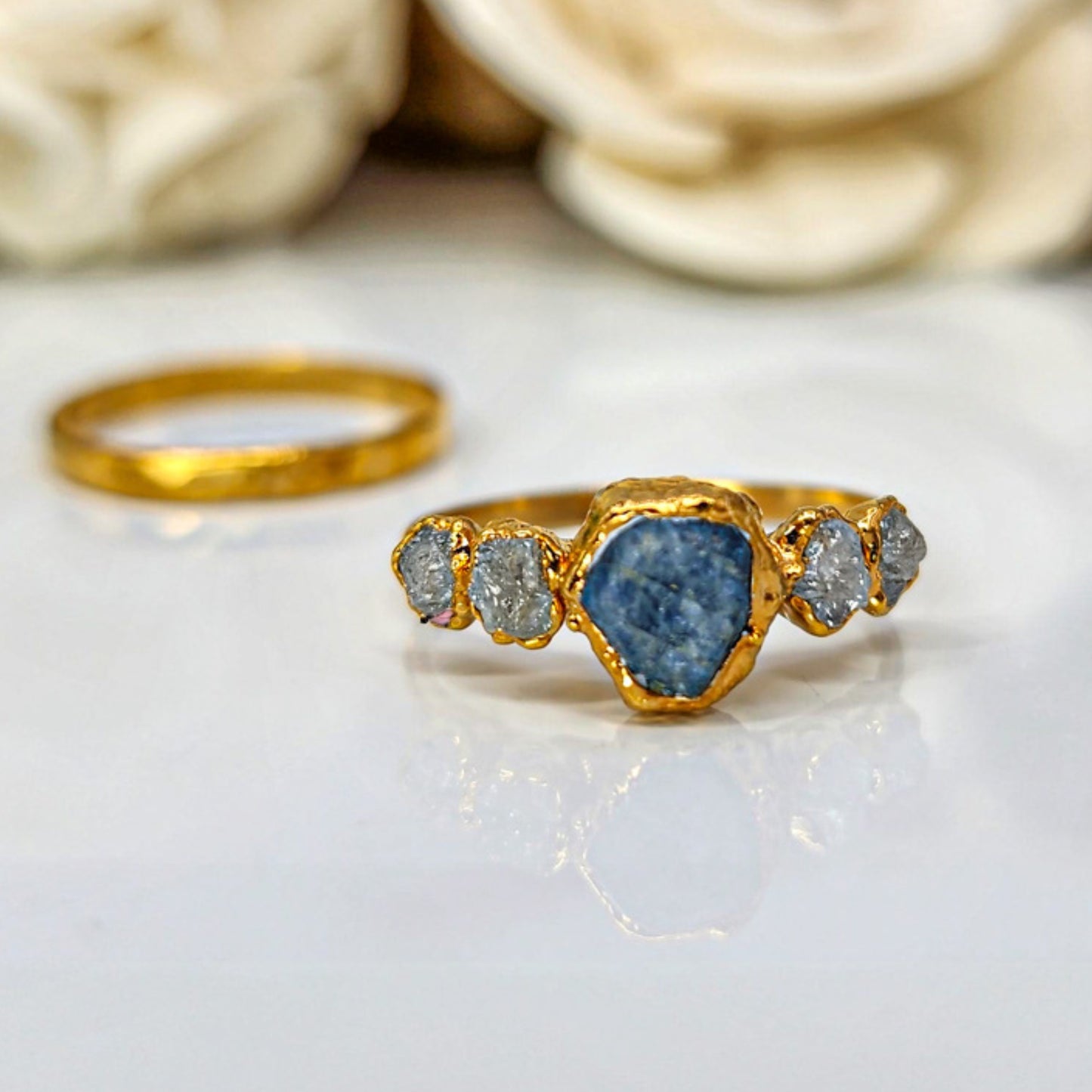 Raw Sapphire and Diamond Ring