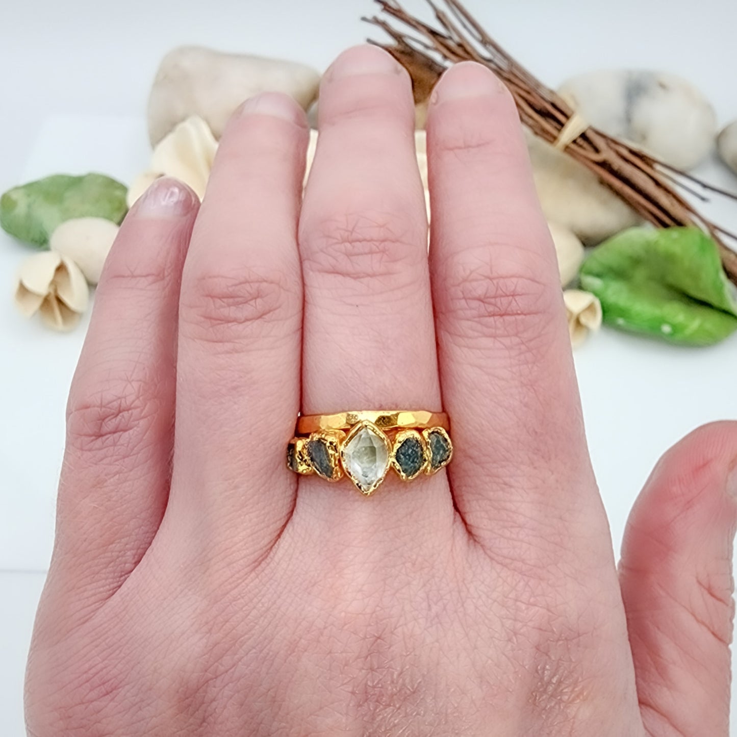 Herkimer Diamond and Emerald Ring